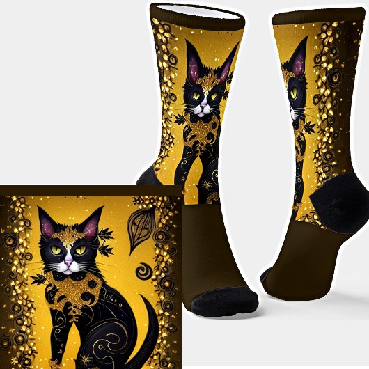 Chaussette Chat noir avec col or sur Brown or