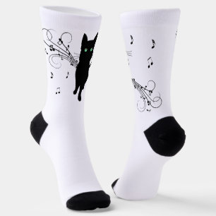 Chaussette Chat noir entouré de notes de musique murmurantes