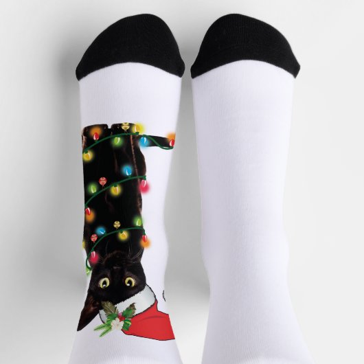 Chaussette Chat Noir Père Noël Tangée Dans Les Lumières De No (Haut)