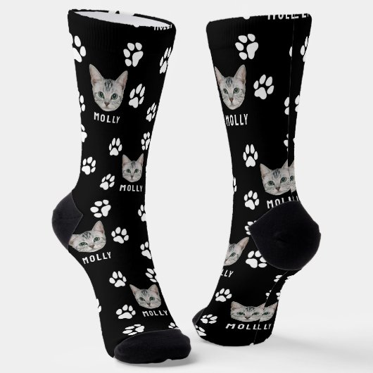Chaussette Chat Personnalisé Photo & Nom Noir (Angulaire)