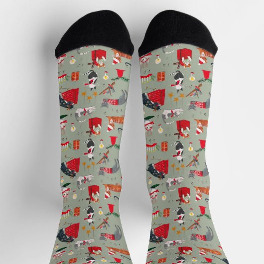 Chaussette chat rétro mignon motif vert Noël (Haut)