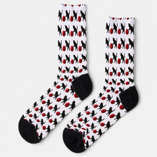 Chaussette Chat silhouette noire, avec boule de laine rouge (