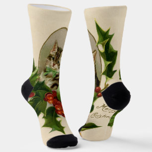 Chaussette Chaton de Noël victorien au houx antique tabby