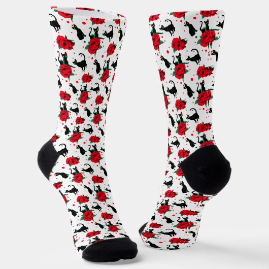 Chaussette Chats noirs mignons amusants Motif Roses rouges (Angulaire)