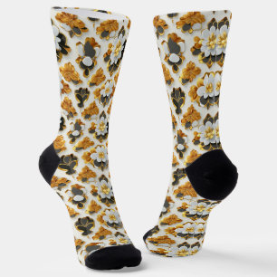 Chaussette Chaussettes à équipage floral blanc, noir et or