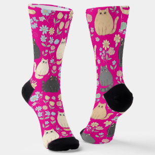 Chaussette Chaussettes à motif de chats mignons et de fleurs