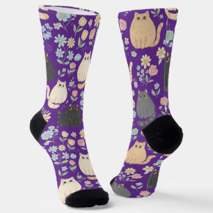 Chaussette Chaussettes à motif de chats mignons et de fleurs
