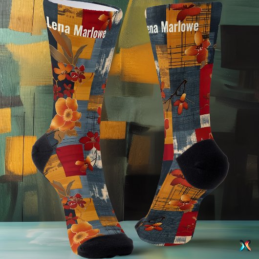 Chaussette Chaussettes à patchwork floral rustique – Rouge & 