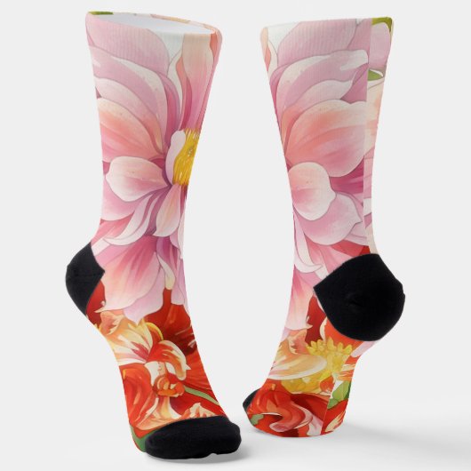 Chaussette Chaussettes d'art florales rose et rouge Dahlia (Angulaire)