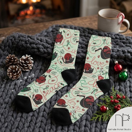 Chaussette Chaussettes de Noël vertes de chaton espiègle