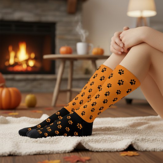 Chaussette Chaussettes Empreintes de pattes orange et noires