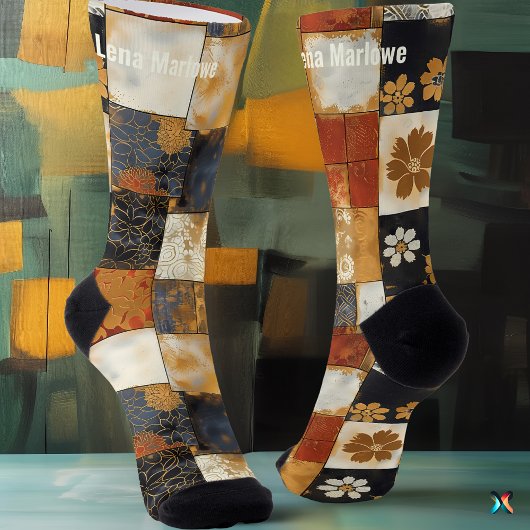 Chaussette Chaussettes en patchwork de carreaux floraux – Or