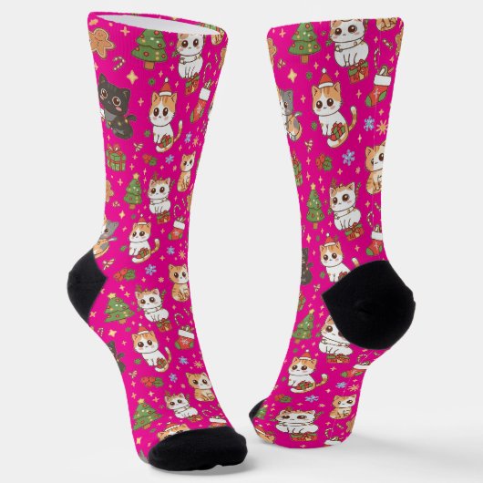 Chaussette Chaussettes Kawaii Noël Chats motif de fête (Angulaire)
