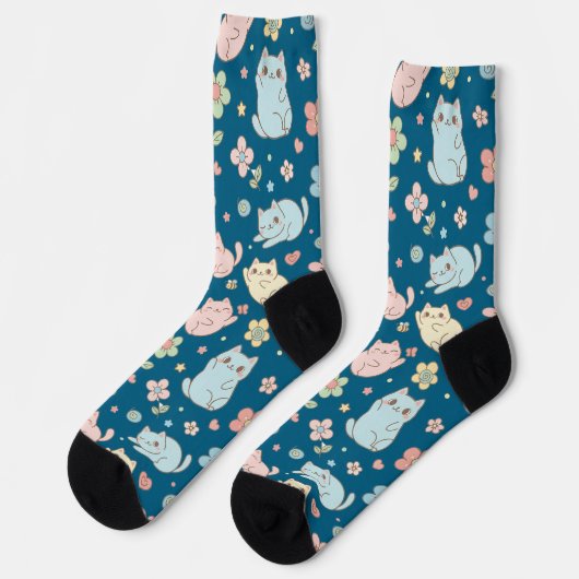 Chaussette Chaussettes Motifs Kawaii Pastel Chats et Fleurs (Gauche)