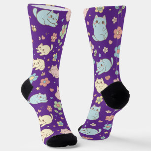 Chaussette Chaussettes Motifs Kawaii Pastel Chats et Fleurs