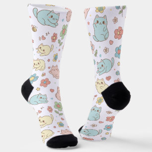 Chaussette Chaussettes Motifs Kawaii Pastel Chats et Fleurs