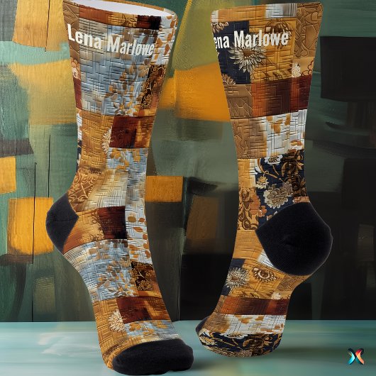 Chaussette Chaussettes Patchwork Dorées et Bleues – Artistiqu