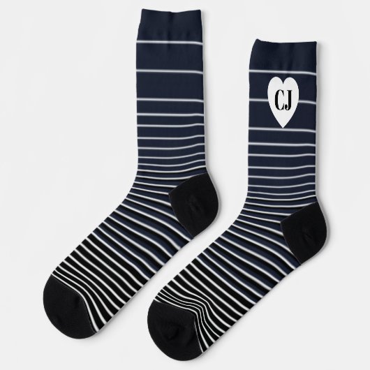 Chaussette Chaussettes rayées cœur initial bleu blanc (Gauche)