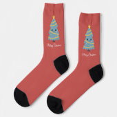 Chaussette Chaussettes rouges avec un sapin de Noël Kawaii (Gauche)