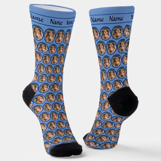 Chaussette Chaussettes tête de chien avec nom sur bleu (Angulaire)