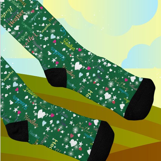 Chaussette Chaussettes vert émeraude pleines de noms Coeurs e