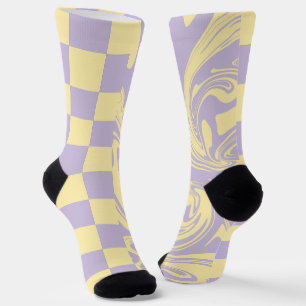 Chaussette Chèques et tourbillons - Pastel Jaune et Violet