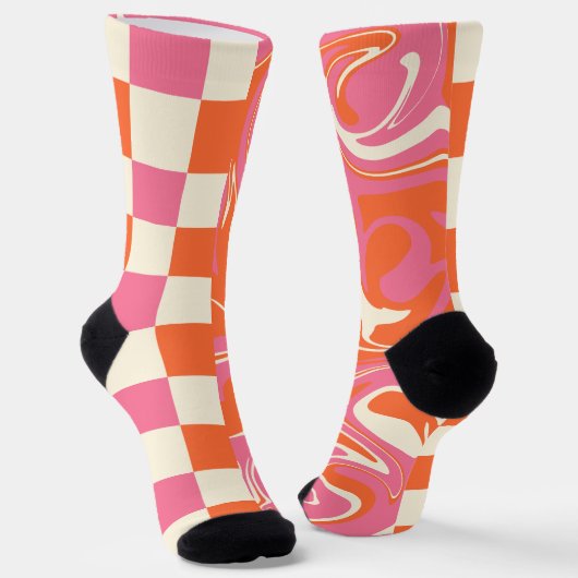 Chaussette Chèques et tourbillons - rose, orange et crème (Angulaire)