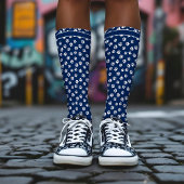 Chaussette Chic Navy Blue & White Empreinte de patte Nom pers