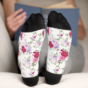 Chaussette Chic rétro style printemps rouge violet motif flor
