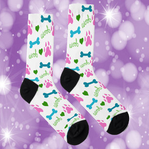Chaussette Chien Paws Bones Coeurs Woof Rose Green Blue