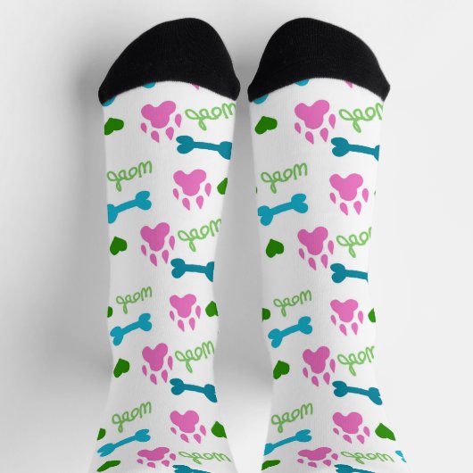Chaussette Chien Paws Bones Coeurs Woof Rose Green Blue (Haut)