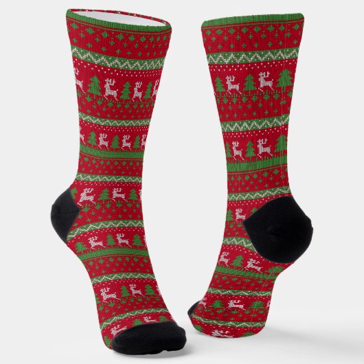 Chaussette Christmas Ugly Sweater Red Green Reindeers (Angulaire)