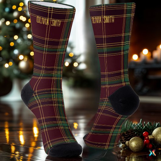 Chaussette Classic Burgundy and Gold Christmas Plaid Custom