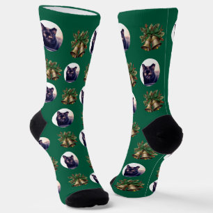 Chaussette Cloches de Noël vertes et photo de chat visage per