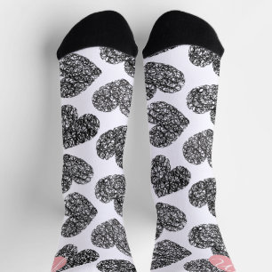 Chaussette Coeurs de Doodle Noir et Blanc modernes Monogramme