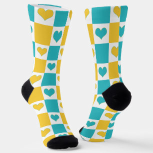 Chaussette Coeurs en damier en Turquoise et Jaune