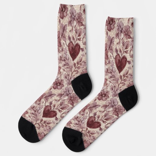 Chaussette Cœurs Floraux Rouge Crème (Gauche)