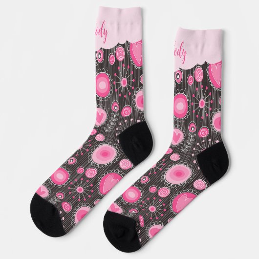 Chaussette Coeurs gris rose blanc et nom fleuri (Gauche)