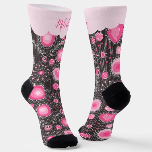 Chaussette Coeurs gris rose blanc et nom fleuri (Angulaire)