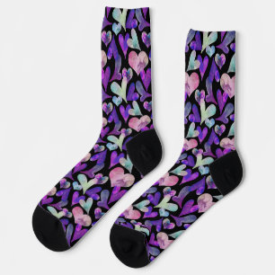 Chaussette Coeurs peints en violet sur mignon noir