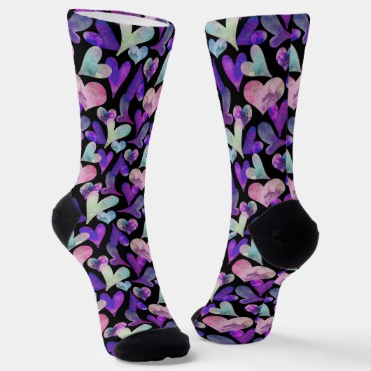 Chaussette Coeurs peints en violet sur mignon noir (Angulaire)