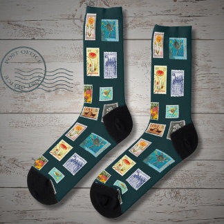 Chaussette Collection de timbres, sur vert fougère