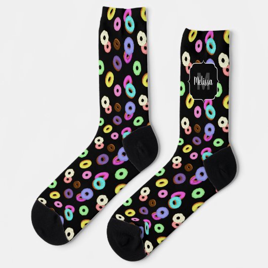 Chaussette Cool amusant beignets colorés motif noir Monogramm (Gauche)