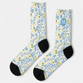 Chaussette Corne Bleu Jaune Motif Floral Monogramme (Gauche)