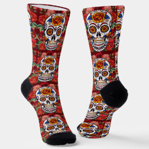 Chaussette Crâne de Sucre Roses Roses Rouges Fêtes Unisexe