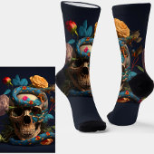 Chaussette Crâne gothique, serpent bleu et fleurs sur bleu