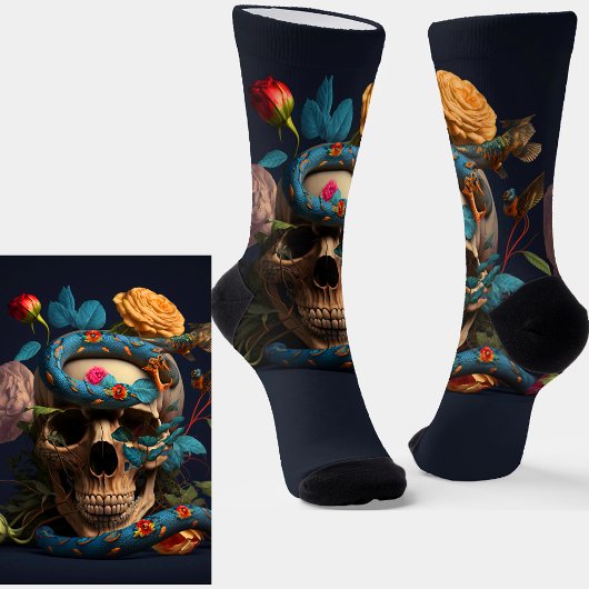 Chaussette Crâne gothique, serpent bleu et fleurs sur bleu