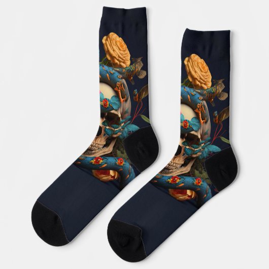 Chaussette Crâne gothique, serpent bleu et fleurs sur bleu (Gauche)