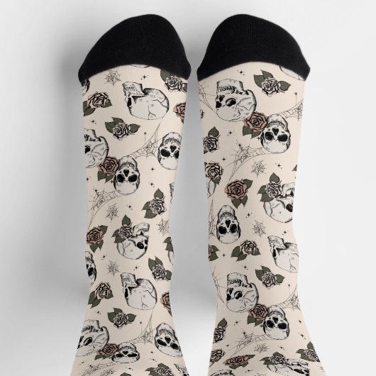 Chaussette Crânes gothiques blancs antiques et fleurs Roses (Haut)