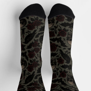 Chaussette Crânes gothiques, corbeaux et Motif Rose
